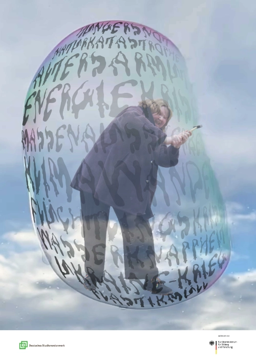 Poster 3 einer Posterreihe zum Thema "raus aus dem Kriesenmodus" die Regentropfenschrift wurde von mir aus abfotografierten Wassertropfen erstellt.